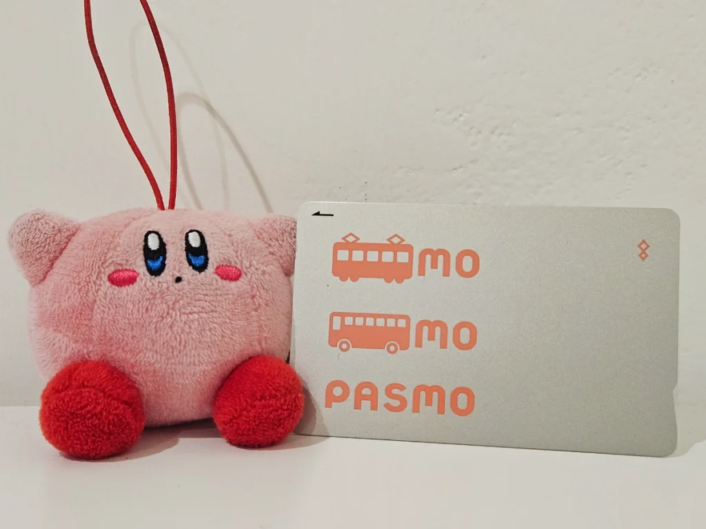 Pink fluffy keychain with Pasmo IC Card.