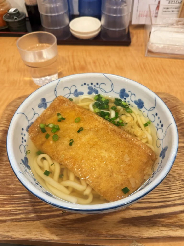 A beautiful bowl of udon noodles with a nice golden rectangle of fried tofu joining the noodles in the broth.