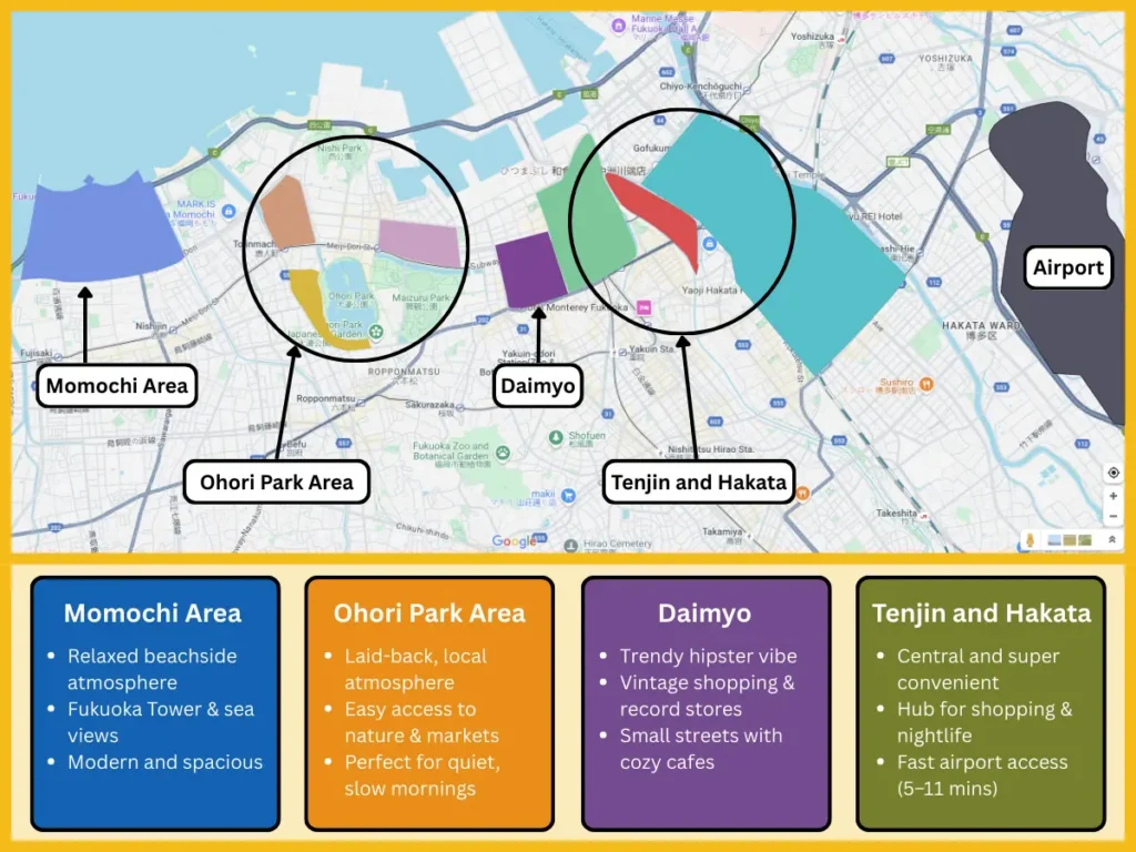 A map of Fukuoka neighborhoods for travelers, highlighting Momochi, Ohori Park, Daimyo, and the Tenjin and Hakata areas in relation to the airport.
