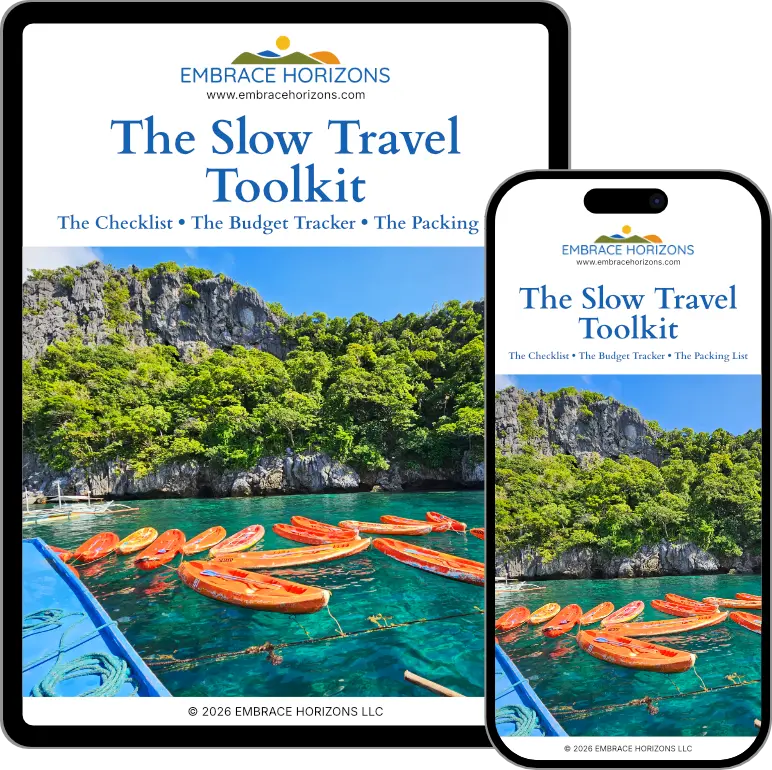 Free Slow Travel Toolkit download bundle displayed on digital devices, featuring kayaks in Palawan, Philippines. Includes the Pre-flight Checklist, Budget Tracker, and Packing List.