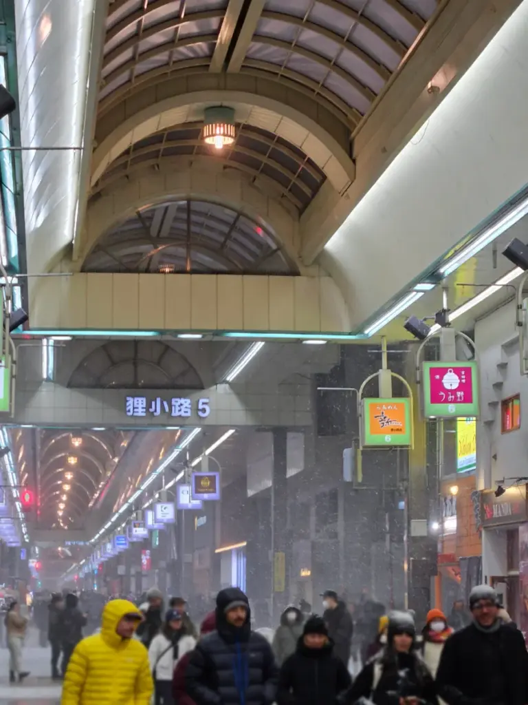 Snow blowing through a bustling Tanukikoji Shopping Street.