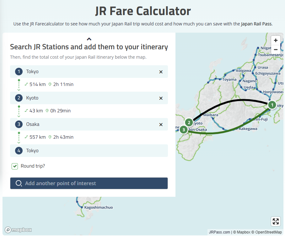 A screenshot from a JR Fare Calculator. The map shows the classic Golden Route from Tokyo to Osaka.