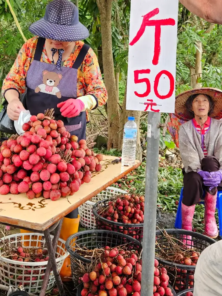 A local vendor packing fresh red lychees into a bag at a roadside stand in Taiwan, with a sign showing the local price.