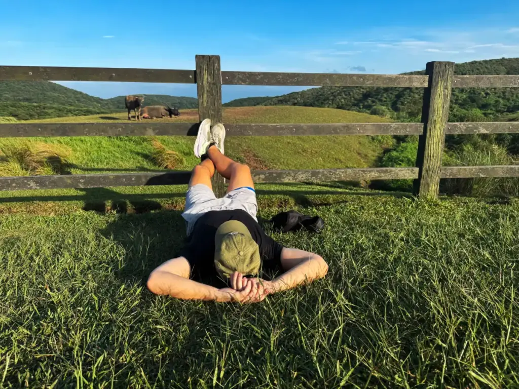 Tim relaxing on the grass by a wooden fence with wild water buffalo grazing in the rolling meadows of Qingtiangang.